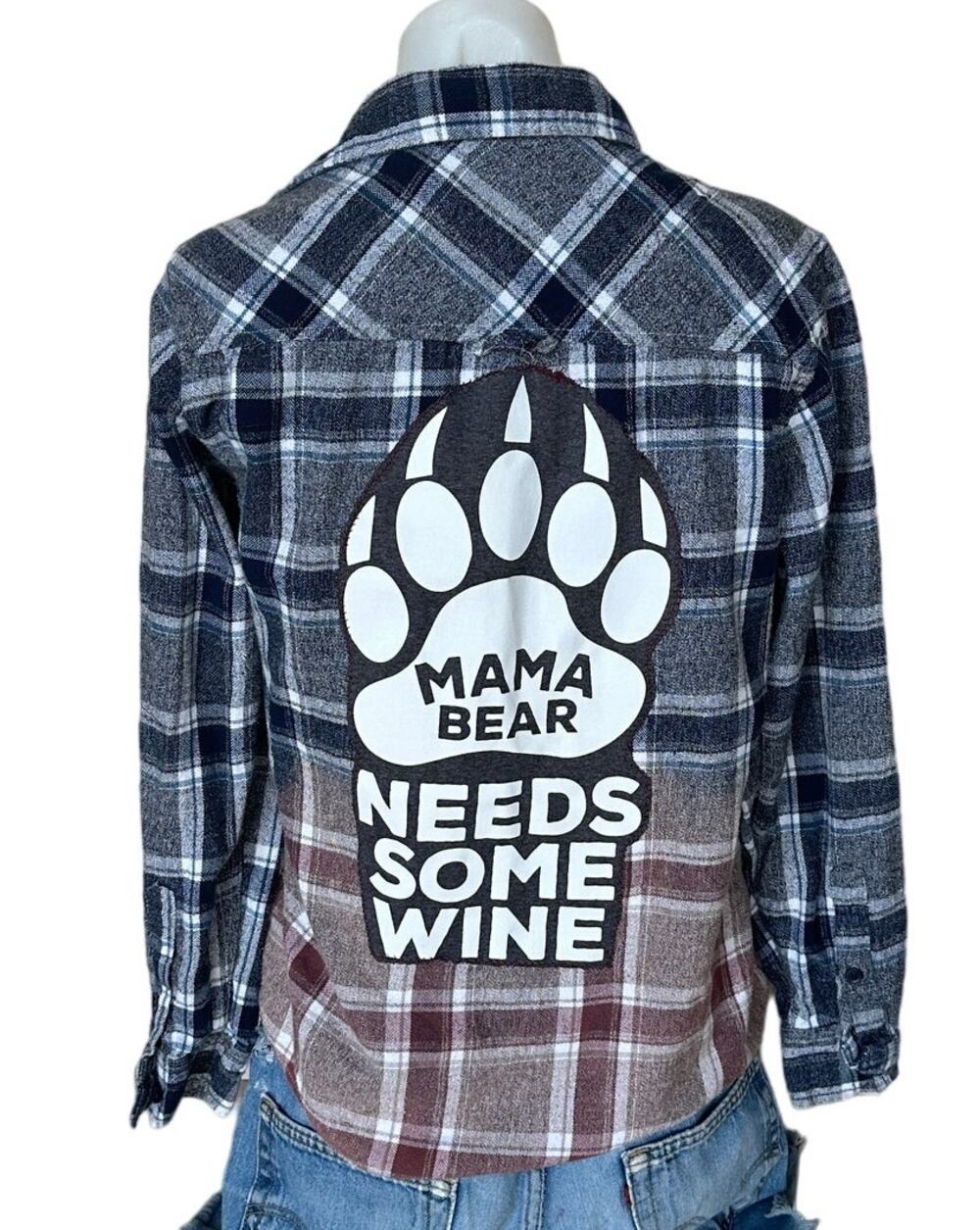 Mama Bear Needs Wine Plaid Flannel Shirt Shacket SMALL Classic Oversize Unique